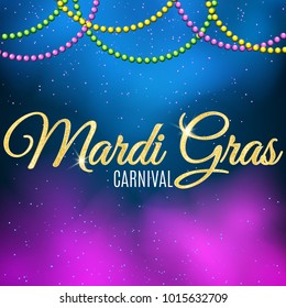 Background for Mardi Gras carnival. Gold glitter text. Welcome to the carnaval. Golden shine. Colorful balls. Violet blue smoke. Mysterious fog. Vector illustration