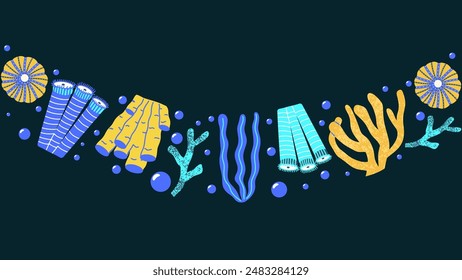 Background with marine life. Banner with corals and reefs. Vector