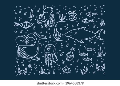 Background of marine life in vector. Hand-drawn marine animals, fish, and life under water. Cartoon sea bottom for your textiles. Vector illustration