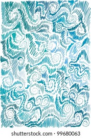 background with marine motif, scrolls, wave, hand-drawn