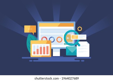 Background for Marketing analytics, Digital strategy, Data marketing, business growth, financial report - conceptual vector illustration with icons