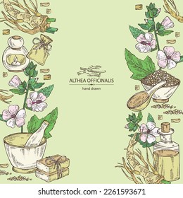 Background marshmallow officinalis: althea officinalis flower, root and leaves. Oil, soap and bath salt . Cosmetics and medical plant. Vector hand drawn illustration