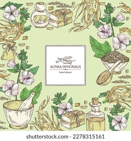 Background marshmallow officinalis: althea officinalis flower, root and leaves. Oil, soap and bath salt . Cosmetics and medical plant. Vector hand drawn illustration