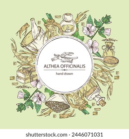 Background marshmallow officinalis: althea officinalis flower, root and leaves. Oil, soap and bath salt . Cosmetics and medical plant. Vector hand drawn illustration