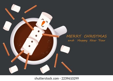Background with a marshmallow snowman in a mug with hot chocolate, cocoa.An element of Christmas greetings, holidays.View from above.Vector illustration.