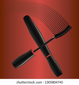 Background with mascara for the eyes. Tube and brush of mascara for the eyes are crossed. From the brush drawn many lines. Vector illustration.