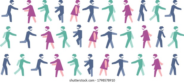 Background masked people moving in different directions.