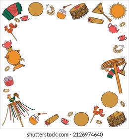 Background for Maslenitsa with carousel, cockerel, pancakes, tea, samovar, accordion, balalaika, honey, jam. Traditional russian festival Shrovetide. EPS 10.