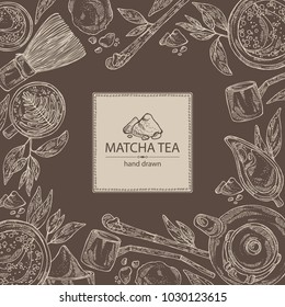 Background with matcha green tea : matcha, bamboo matcha whisk, a cup of matcha and teapot. Ingredient for chinese and japanese tea ceremony. Vector hand drawn illustration.