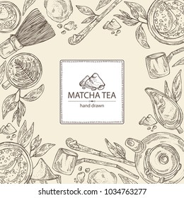 Background with matcha green tea : matcha, bamboo matcha whisk, a cup of matcha and teapot. Ingredient for chinese and japanese tea ceremony. Vector hand drawn illustration.