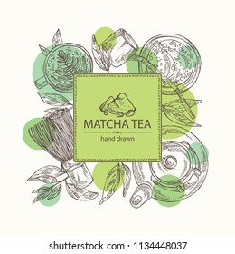 Background with matcha green tea : matcha, bamboo matcha whisk, a cup of matcha and teapot. Ingredient for chinese and japanese tea ceremony. Vector hand drawn illustration.