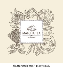 Background with matcha green tea : matcha, bamboo matcha whisk, a cup of matcha and teapot. Ingredient for chinese and japanese tea ceremony. Vector hand drawn illustration.