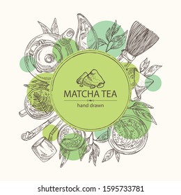 Background with matcha green tea : matcha, bamboo matcha whisk, a cup of matcha and teapot. Ingredient for chinese and japanese tea ceremony. Vector hand drawn illustration.