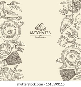 Background with matcha green tea : matcha, bamboo matcha whisk, a cup of matcha and teapot. Ingredient for chinese and japanese tea ceremony. Vector hand drawn illustration.