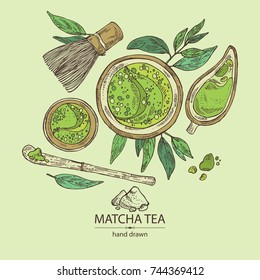 Background with matcha green tea : matcha, bamboo matcha whisk, a cup of matcha and tes leaves. Ingredient for chinese and japanese tea ceremony. Vector hand drawn illustration.