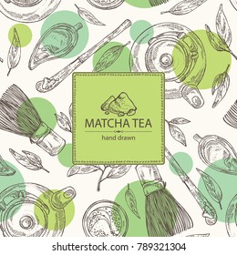 Background with matcha green tea : matcha, bamboo matcha whisk, a cup of matcha and teapot. Ingredient for chinese and japanese tea ceremony. Vector hand drawn illustration.
