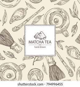 Background with matcha green tea : matcha, bamboo matcha whisk, a cup of matcha and teapot. Ingredient for chinese and japanese tea ceremony. Vector hand drawn illustration.