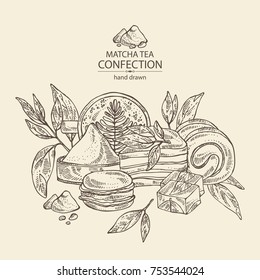 Background with matcha green tea confection: macaroons, sweets, biscuits. Vector hand drawn illustration