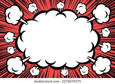 Background material of American comic-style cloud-shaped frame and concentration line. (red)