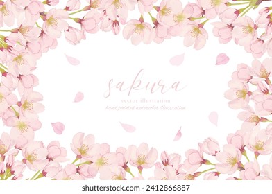 Background material of cherry blossoms in full bloom painted in watercolor