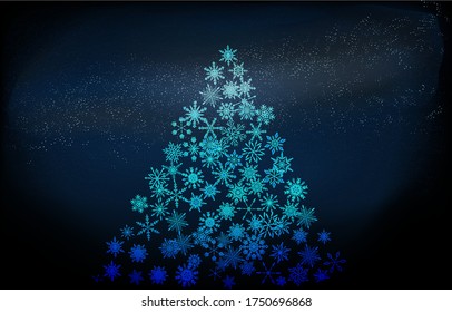 Background material: Christmas tree made of snow and starry sky, blue gradient version