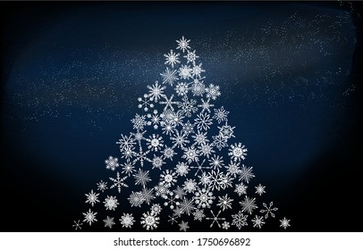 Background material: Christmas tree made of snow and starry sky, blue gradient version