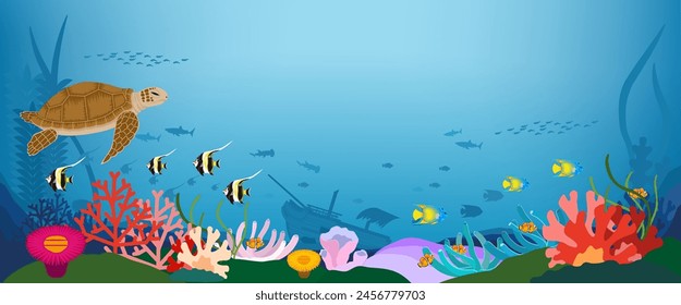 Background material of colorful sea turtles, tropical fish, and a sunken ship floating underwater on a coral reef. A horizontally long design.