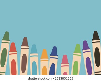 Background material of crayons arranged in a messy manner