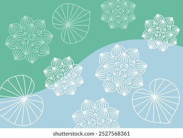 Background material featuring a gently divided line drawing of lotus flowers and leaves on a two-tone background