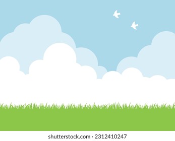 Background Material of Grass, Blue Sky, and Cumulus Clouds