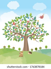 Background material of the hill with a big tree in the blue sky