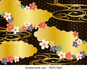 Background material of Japanese pattern of clouds, cherry blossoms and gold