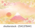 Background material of Japanese pattern with watercolor touch and Mt. Fuji