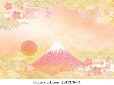 Background material of Japanese pattern with watercolor touch and Mt. Fuji