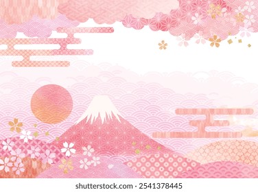 Background material of Japanese pattern with watercolor touch and Mt. Fuji