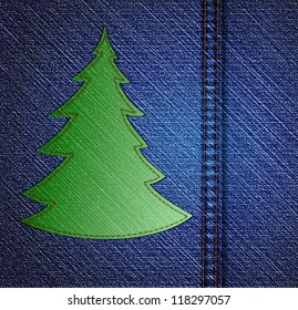 Background - a material of jeans with christmas tree. Vector illustration. Eps 10