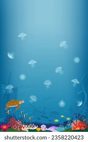 Background material of jellyfish, sea turtles, tropical fish, and sunken ships drifting in the coral reef. 　
Vertical position