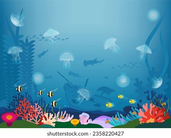 Background material of jellyfish, tropical fish, and a sunken ship floating underwater on a coral reef.
