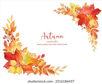 Background material with a motif of autumn leaves decorated with fallen leaves drawn by hand in watercolor