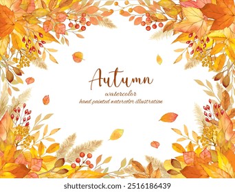 Background material with a motif of autumn leaves decorated with fallen leaves drawn by hand in watercolor