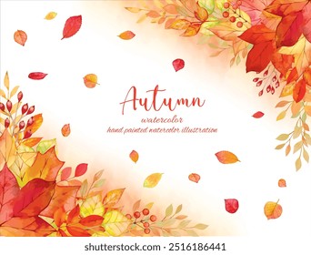 Background material with a motif of autumn leaves decorated with fallen leaves drawn by hand in watercolor