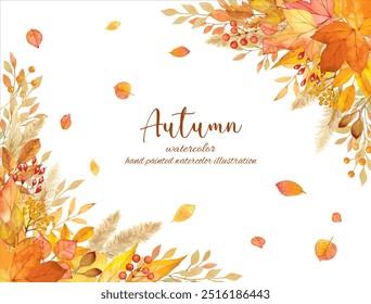 Background material with a motif of autumn leaves decorated with fallen leaves drawn by hand in watercolor