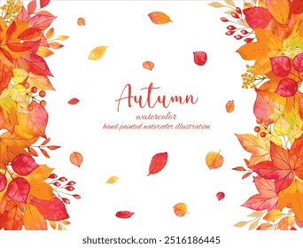 Background material with a motif of autumn leaves decorated with fallen leaves drawn by hand in watercolor