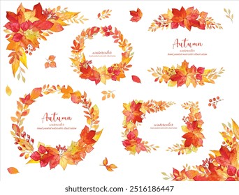 Background material with a motif of autumn leaves decorated with fallen leaves drawn by hand in watercolor