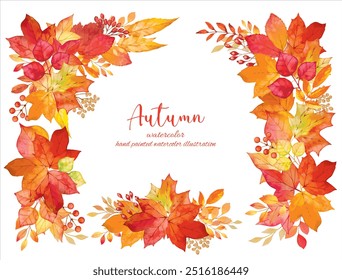 Background material with a motif of autumn leaves decorated with fallen leaves drawn by hand in watercolor