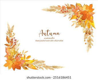 Background material with a motif of autumn leaves decorated with fallen leaves drawn by hand in watercolor