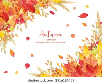 Background material with a motif of autumn leaves decorated with fallen leaves drawn by hand in watercolor