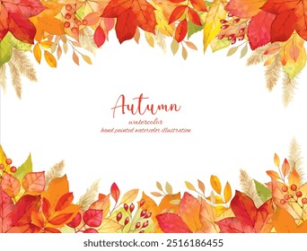 Background material with a motif of autumn leaves decorated with fallen leaves drawn by hand in watercolor