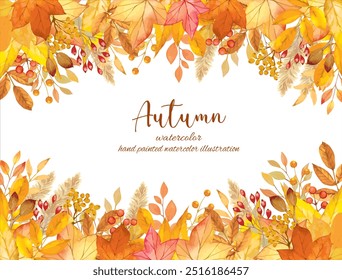 Background material with a motif of autumn leaves decorated with fallen leaves drawn by hand in watercolor