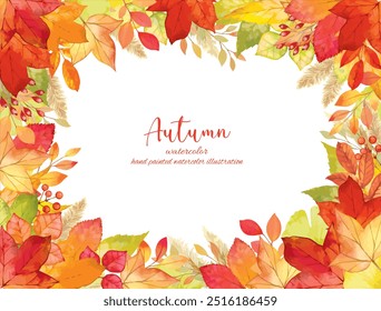 Background material with a motif of autumn leaves decorated with fallen leaves drawn by hand in watercolor